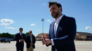 US Vice President JD Vance speaks to the media at Joint Base Andrews, Maryland,