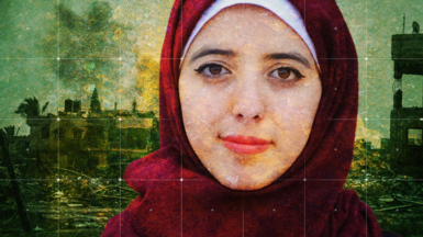 Portrait of Asmaa, a young woman wearing a red headscarf. She has a very slight smile on her face. In the background is an image of war-damaged and destroyed buildings.