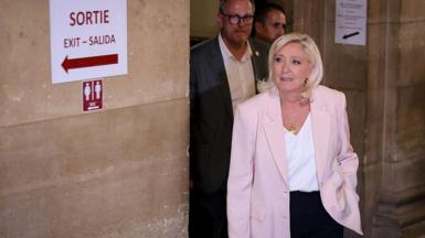 President of far-right party Rassemblement National (RN) parliamentary group Marine Le Pen arrives to attend the verdict in the appeal trial of RN former or actual members on charges of embezzlement 
