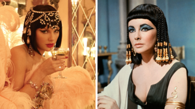 Taylor Swift and Elizabeth Taylor pictured in a split photograph. On the left, Swift is wearing a bejewelled headpiece and a black wig, while holding a glass of champagne to her lips. On the right, Elizabeth Taylor wears a similar wig, while posing on the set of her 1963 film Cleopatra.