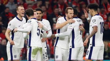 Harry Kane and team-mates celebrate scoring their second goal against Albania in their final World Cup qualifier in November 2025.