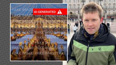 BBC London's Harry Low stands next to a fake AI-generated image of a sprawling Christmas market outside Buckingham palace