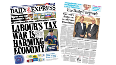 The headline on the front page of the Express reads: "Labour's tax war is harming the economy". The headline on the front page of the Telegraph reads: "Starmer's pledge on tax thrown into chaos".