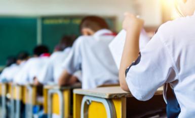 Rear view of middle school students studying in classroom.