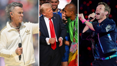 A split image of Robbie Williams, US President Trump and Coldplay's Chris Martin at the Club World Cup
