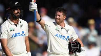 New Zealand's Henry Nicholls celebrates his hundred at The Oval
