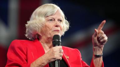 Reform UK Immigration and Justice spokesperson Ann Widdecombe wears a red blazer and gives a speech in 2024