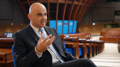 Alain Berset speaking to the BBC at the Council of Europe