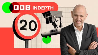 A treated image of Evan Davis and a 20 road sign