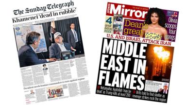 The front pages of the Sunday Telegraph and the Sunday Mirror, which both feature headlines and reports about US and Israeli strikes on Iran.