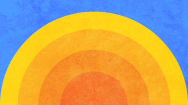 concentric circles ranging from orange to yellow to represent the sun, with a blue sky background
