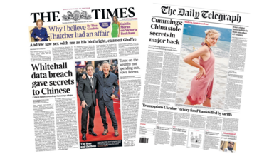 The Times headline reads "Whitehall data breach gave secrets to Chinese". The Daily Telegraph headline reads "Cummings: China stole secrets in major hack".