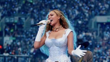 Beyoncé close-up in an all-white outfit