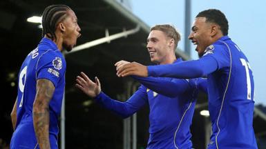 Joao Pedro, Cole Palmer and Morgan Rogers celebrate during Chelsea's win at Fulham