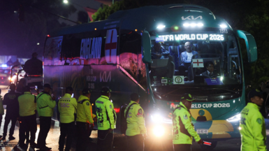 The England team's coach as it arrives at their hotel in Mexico City the day before their 2026 World Cup game against Mexico