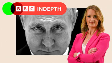 Montage image including a close up of Putin's face, and Laura to the side