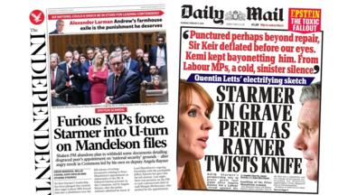 Newspaper headlines: 'U-turn on Mandelson files' and 'Starmer in grave peril'