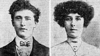 A split screen image of a man and a woman. The photos are black and white and grainy as they are scanned images from many years ago. They both have dark hair. The man wears a dark coat, light shirt and a dickie bow. The woman is wearing a high light collar
