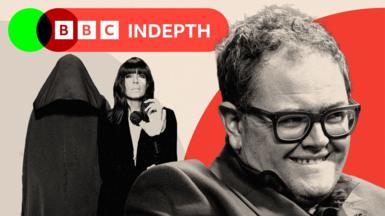 A treated image showing Claudia Winkleman for the show The Traitors, with Alan Carr also pictured to the side