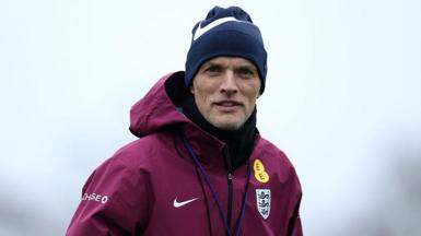 Thomas Tuchel, head coach of England, looks on during England training session on 15 November 2025
