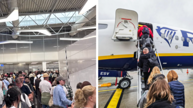 People queue at Athens airport in long lines in a white terminal building.