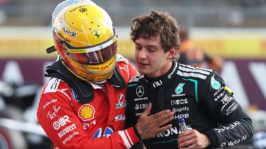 Ferrari's Lewis Hamilton congratulates Kimi Antonelli on his pole position for the British Grand Prix