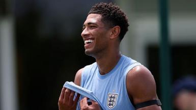 Jude Bellingham smiles during an England training session at the 2026 World Cup