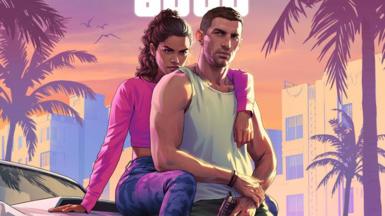 A drawing of two characters from Grand Theft Auto 6. A female wearing a pink top sits on the bonnet of a car, one arm draped over a male character standing in front of her. He's wearing a white vest and holding a pistol in his one hand, which is casually resting on his waist. In the background the sunset casts a pink-orange glow over a background of palm trees and buildings. 