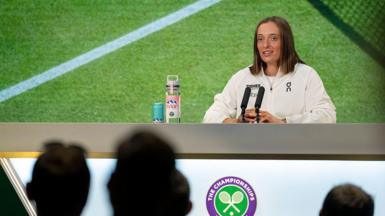 Iga Swiatek speaks to the media at Wimbledon in 2025