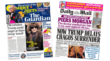 A composite image of the front pages of the Guardian and the Daily Mail. "PM rebukes Trump amid anger at Nato troop 'insult'," reads the headline of the former and "now Trump delays Chagos surrender" reads the headline of the latter.