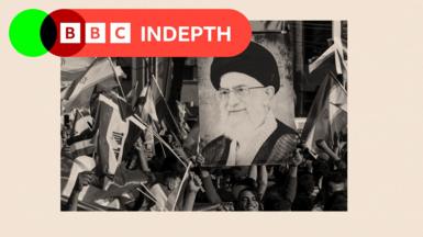 A rally with flags and posters of Iran's Supreme Leader