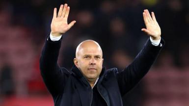 Arne Slot acknowledging the fans after Liverpool's win at Southampton