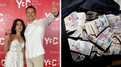 A composite image of a woman making a peace sign, wearing a dress, and a man holding his thumb up, in front of a red background with white writing. The other part of the image is a bag of bundles of bank notes. 