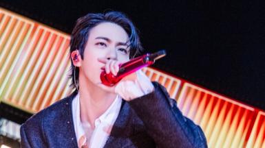 Jin, a K-pop star with a red microphone near his face, during BTS concert in Seoul