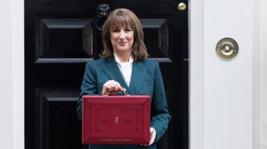 Rachel Reeves outside number 10  Downing Street with red box on Budget day 