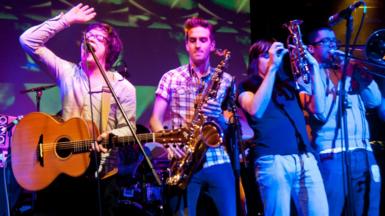 Sam Duckworth of Get Cape Wear Cape Fly performs on stage with his band at Cargo on January 25, 2012 in London