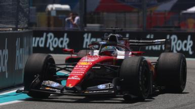 Ferrari's Charles Leclerc turns around a right-hand corner during practice for the Miami Grand Prix