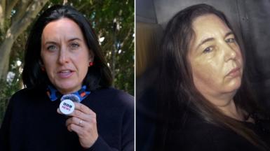 Split screen of BBC correspondent Katy Watson standing outside and Erin Patterson in a police truck