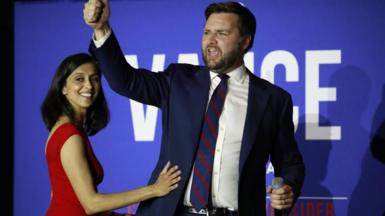 D Vance, co-founder of Narya Capital Management LLC and U.S. Republican Senate candidate for Ohio, right, with his wife, Usha Vance on stage during a primary election night event in Cincinnati, Ohio U.S., on Tuesday, May 3, 2022