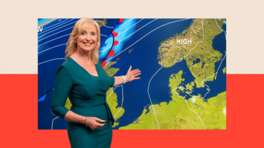 Carol Kirkwood stands in front of a weather graphic