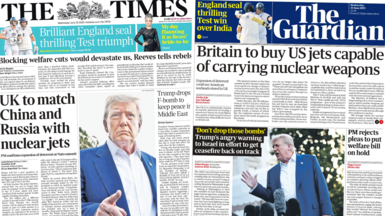 The headline on the front page of The Times reads "UK to match China and Russia with nuclear jets". The headline on the front page of The Guardian reads "Britain to buy US jets capable of carrying nuclear weapons."