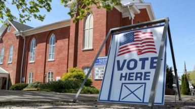 A "vote here" sign is seen outside of the Shiloh United Church of Christ which served as a polling station in Pennsylvania's primary election on Tuesday, April 23, 2024.