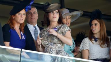 Sarah Ferguson, Prince Andrew, Princess Eugenie, Catrina Skepper, Countess Guerrini-Maraldi and Princess Beatrice watching the racing
