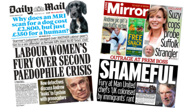 A composite image of the front pages of the Daily Mail and the Daily Mirror. "Now detectives discuss Andrew 'leaks' to Epstein with prosecutors" reads a headline on the front page of the former and "outrage at prem boss" reads a headline on the latter.