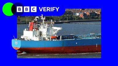 The Forwarder anchored at port. The tanker is imposed over the BBC Verify colours and branding. 