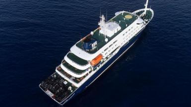 The MV Hondius - a cruise ship - docked off the coast of Cape Verde in the sea
