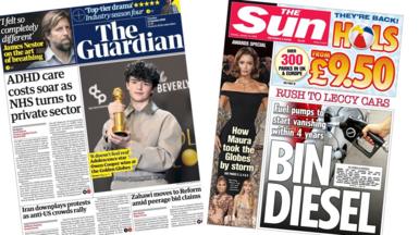 A composite image of the front pages of the Guardian and the Sun on 13 January 2026