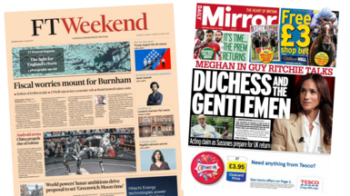 A composite image of the front pages of the Financial Times and the Mirror. "Fiscal worries mount for Burnham" reads the headline of the former and "Meghan in Guy Ritchie talks" reads the headline of the latter.