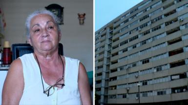 Split screen. Left, Ana Rosa Romero is pictured. Right, a high-rise building is seen.