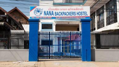 Gateway of the Nana backpackers' hostel in Vang Vieng, Laos